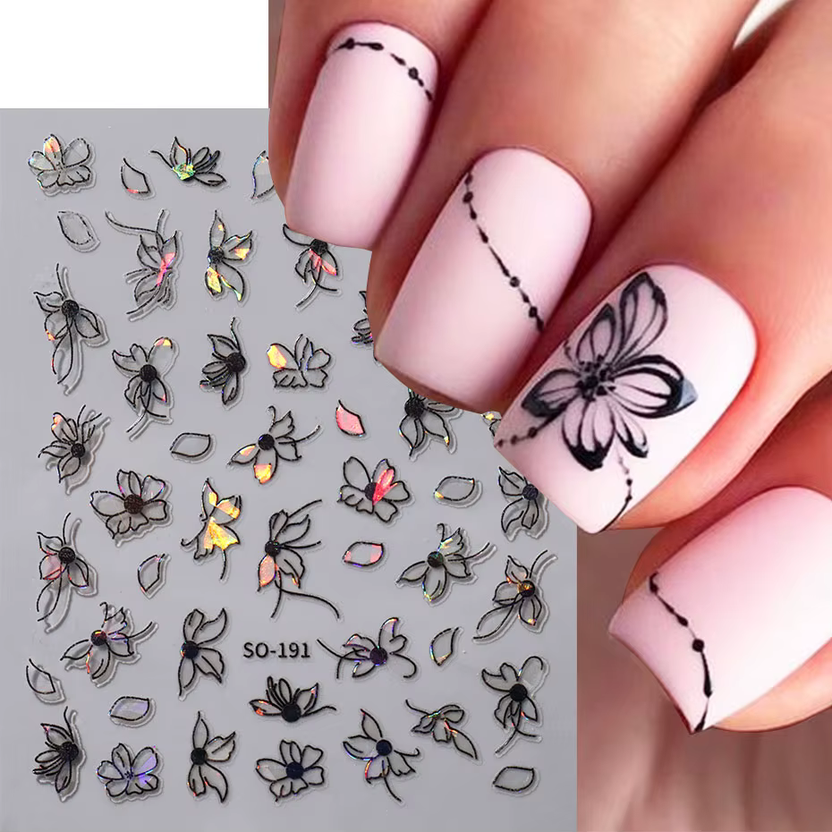 2 pièces 3D Laser noir blanc fleur décalcomanies abstraite rayure fleur pétales conception autocolla
