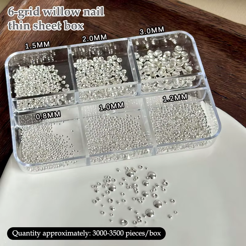 Breloques pour ongles 0.8-3mm, dos plat rond, 6 grilles/boîte, perle en métal, Micro boule de manucu