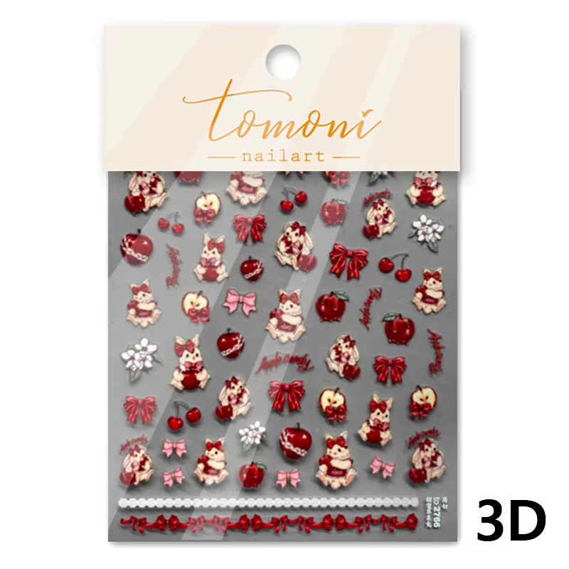 Autocollants de manucure 3D, doux, pomme rouge, lapin mignon, nœud papillon, Reliefs en relief doux,
