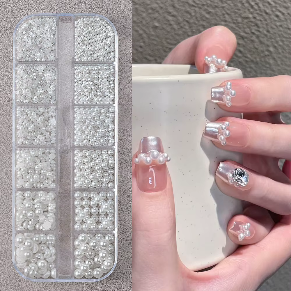 Perles Rondes Blanches pour Ongles, Breloques, 12 Grilles (0.15-0.5cm), Caviar, Bijoux, Demi-Ronde,