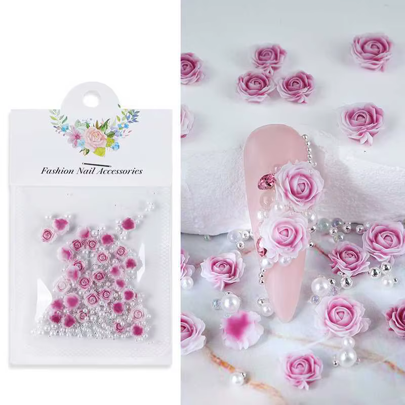 Roses sculptées en dégradées pour décoration Nail Art, avec perles en acier, accessoires de manucure