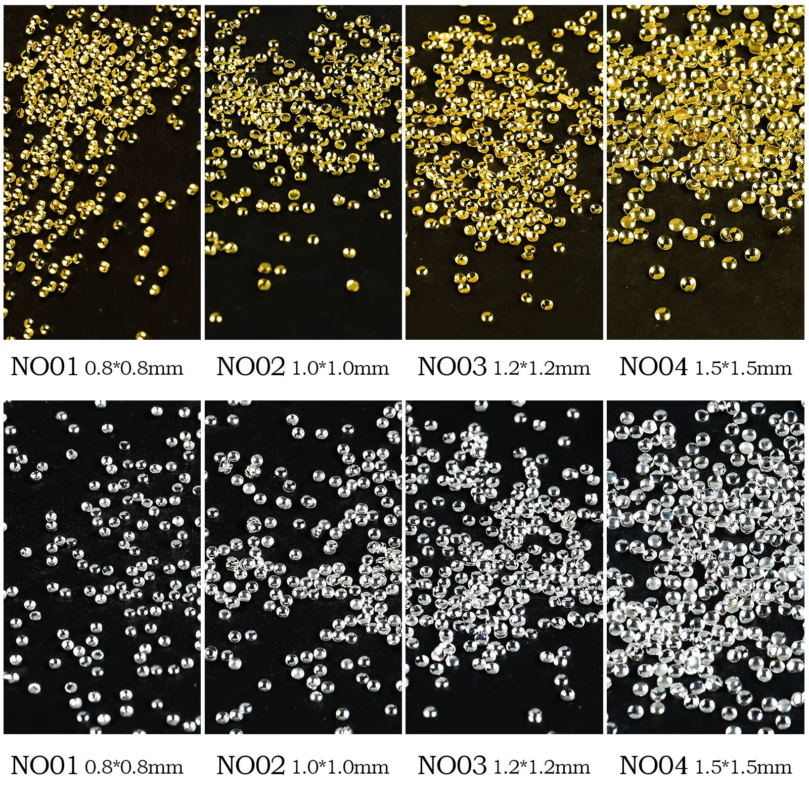 500 pièces or argent 0.8mm-1.5mm minuscule creux semi-sphère alliage rond Rivet Nail Art strass déco