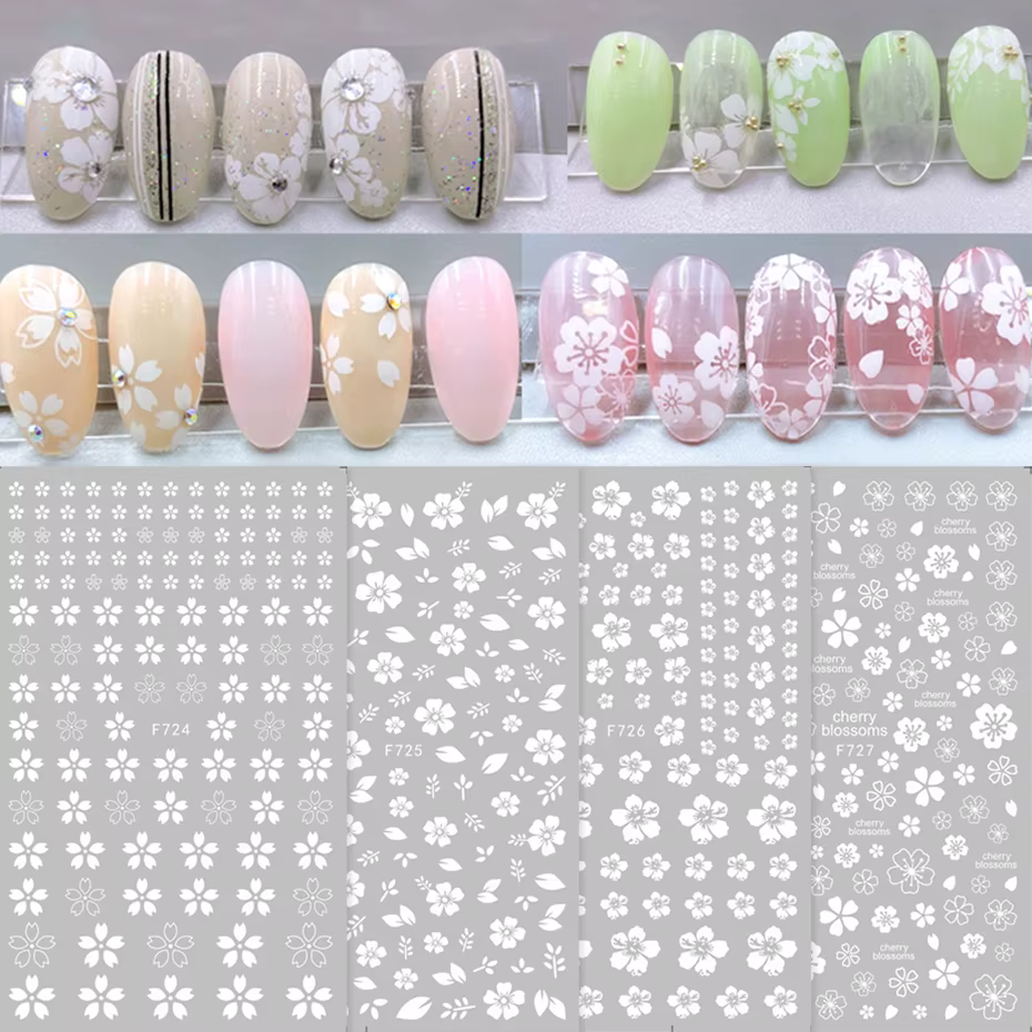 Autocollants pour ongles 3D fleur de cerisier blanc, décalcomanies pour Nail Art, décor adhésif coul