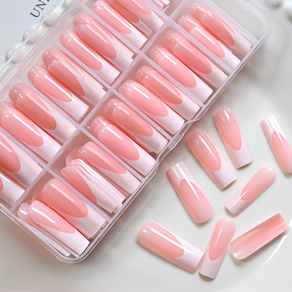 120 pièces brillant rose français presse sur ongles 12 tailles longs carrés faux ongles blanc bord c