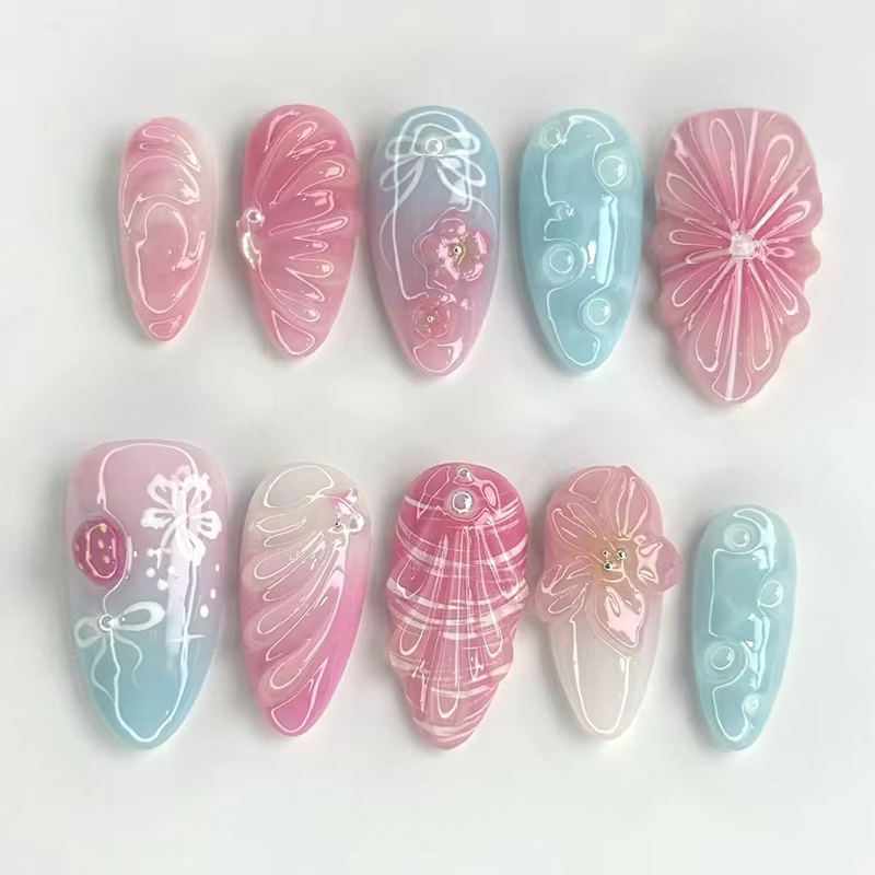 24 faux ongles à presser de longueur moyenne, forme amande, motif floral 3D ondulé, couverture compl