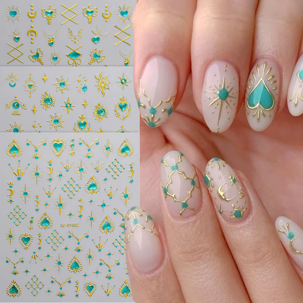 5D bleu gemme étoile soleil lune bronzant Nail Art autocollant métallique Style bohème or argent amo