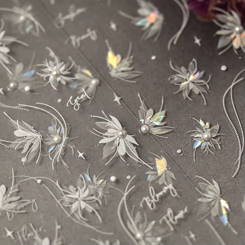 Autocollants pour ongles translucides 5D, haute qualité, en relief, blanc pur, perle dahlia, strass