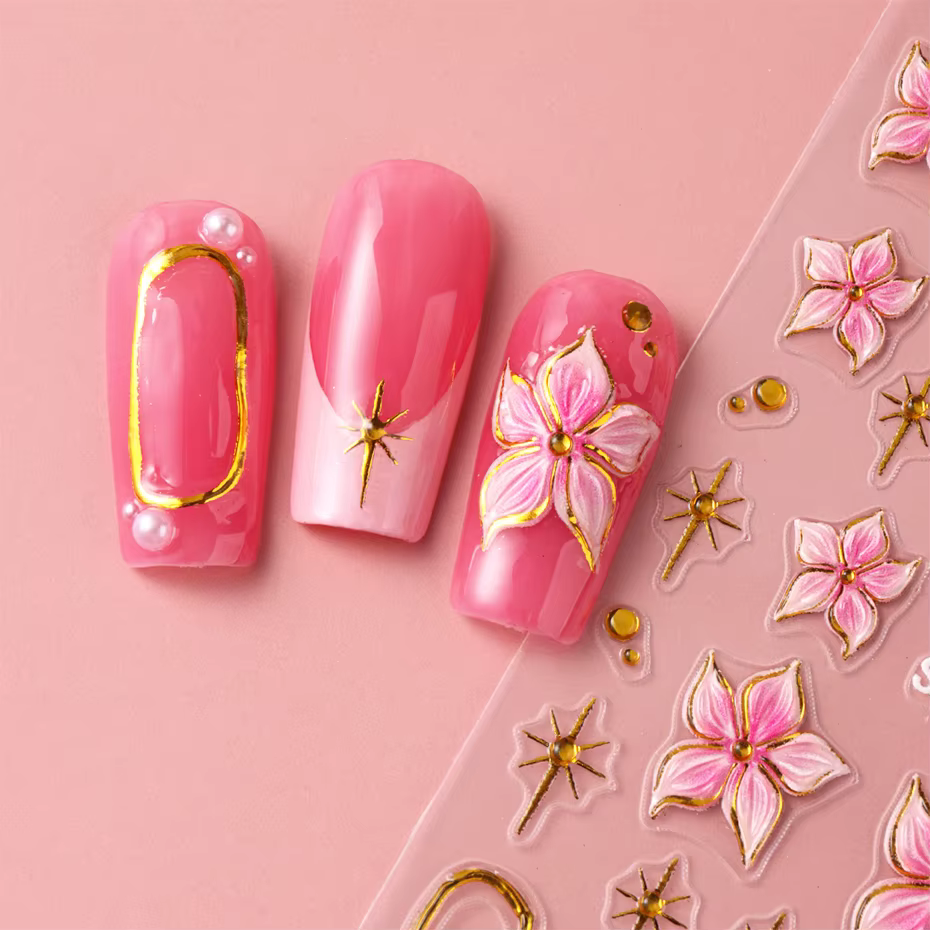 Autocollant pour Nail Art, fleur d'hibiscus en relief, fleur rose avec anneau en métal doré, décalco
