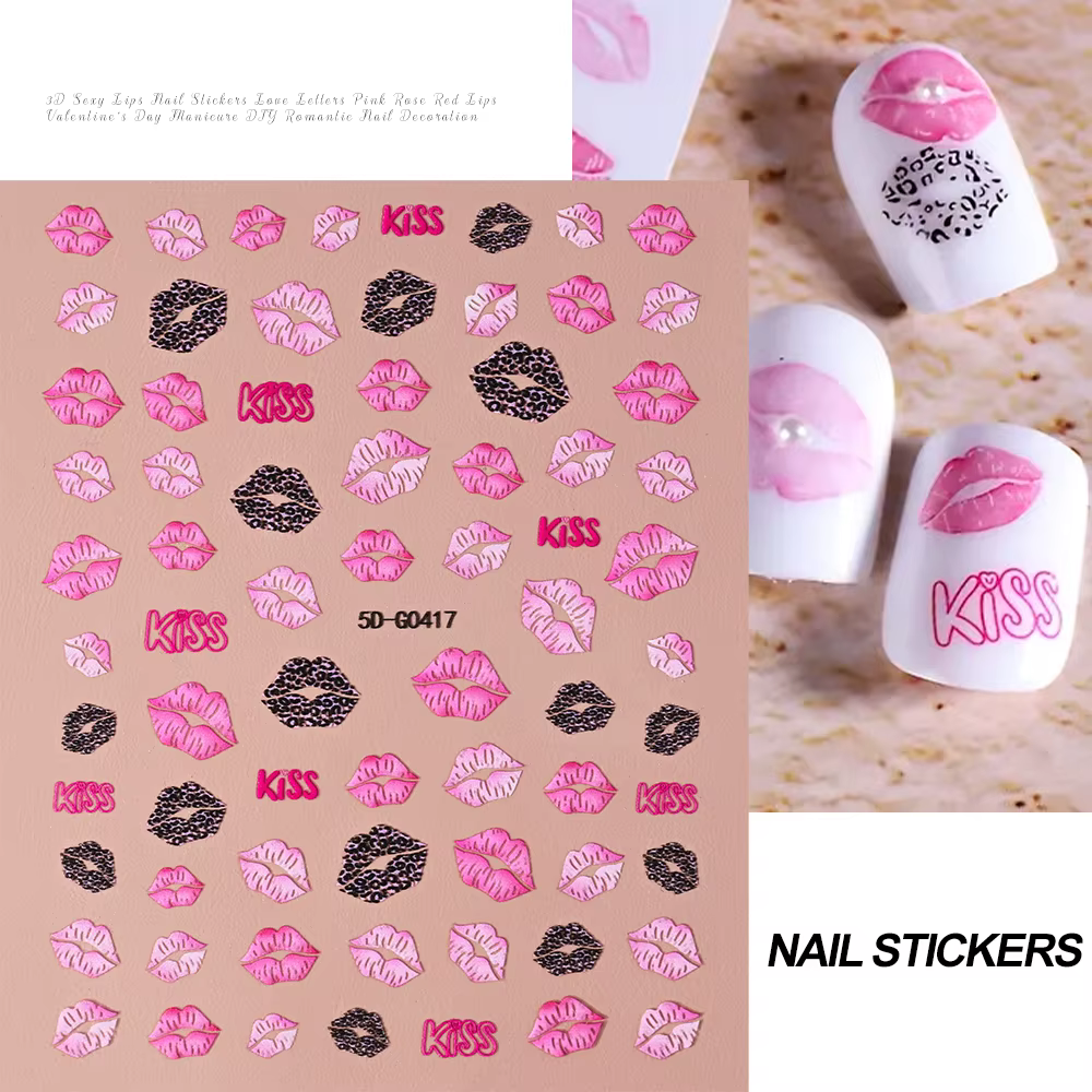 Décalcomanies autocollantes pour les ongles, stickers, lèvres rouges, amour, coeur, jour de Léon, am