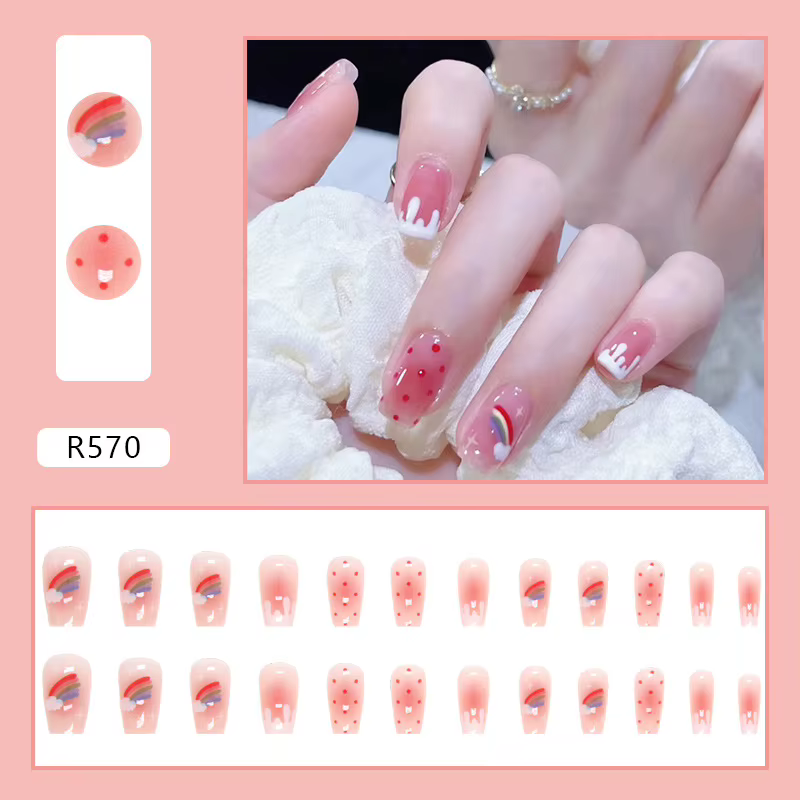 Lot de 24 faux ongles à presser, style French court, doux et rêveurs, couleur arc-en-ciel, mignons e