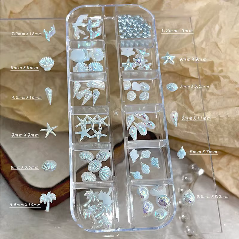 Boîte de 12 compartiments, Breloques pour ongles bleues et blanches, Coquillages, Étoiles de mer, Qu