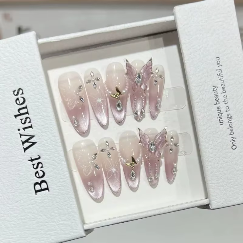 10 pièces rose oeil de chat faux ongles 3D papillon faux ongles diamant perle presse sur ongles dégr