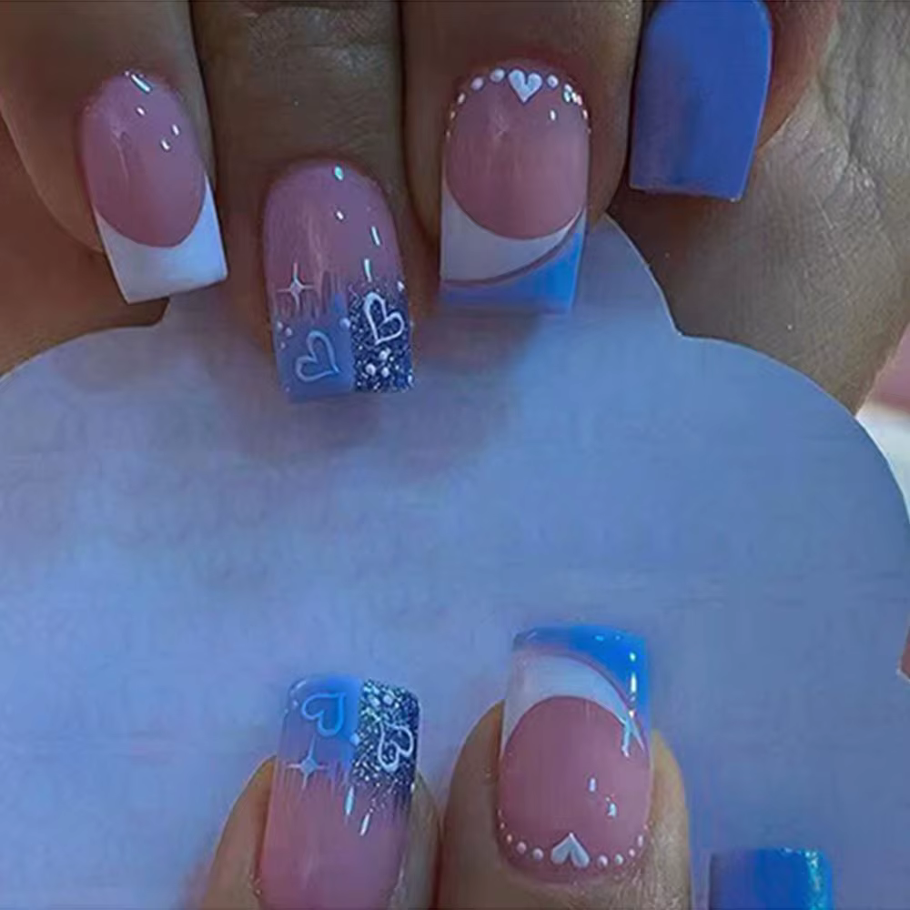 Faux ongles français dessin animé, 24 pièces, carré court, rose, escargot, couverture complète, poig