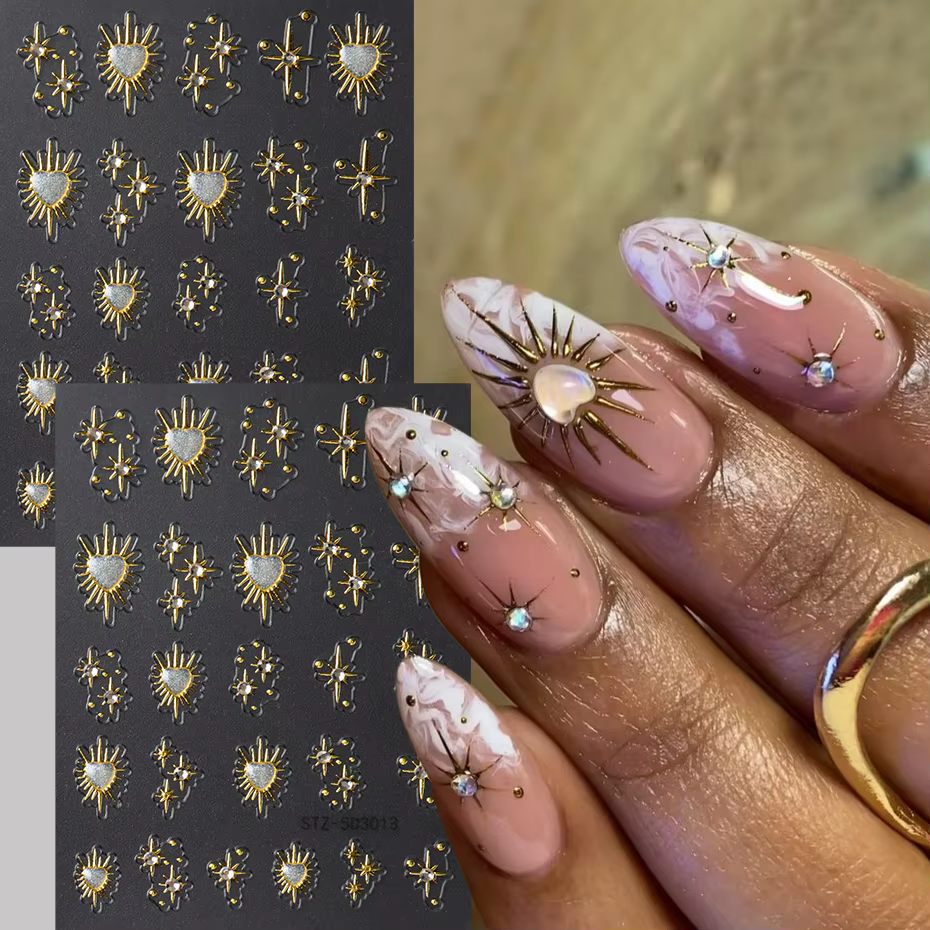 Autocollants adhésifs étoiles en cristal brillant pour ongles, 2 pièces, cœur doré, lumière des étoi