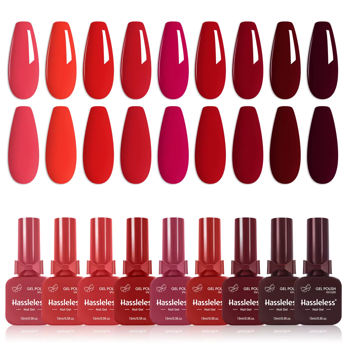 Ensemble de vernis à ongles rouge sans tracas de 9 pièces, présenté dans un flacon en verre en forme