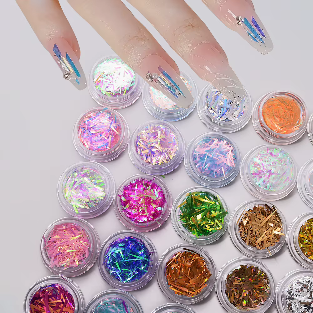Autocollant pour ongles ligne effet verre, 1 pot, scintillant, aurore irrégulière, papier verre, pai