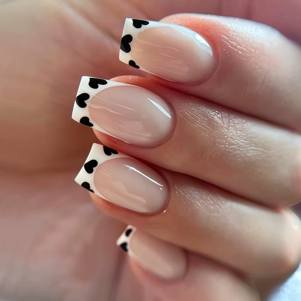 Conseils français noirs presse sur les ongles 3D blanc nœud papillon alliage étoiles modèles faux on