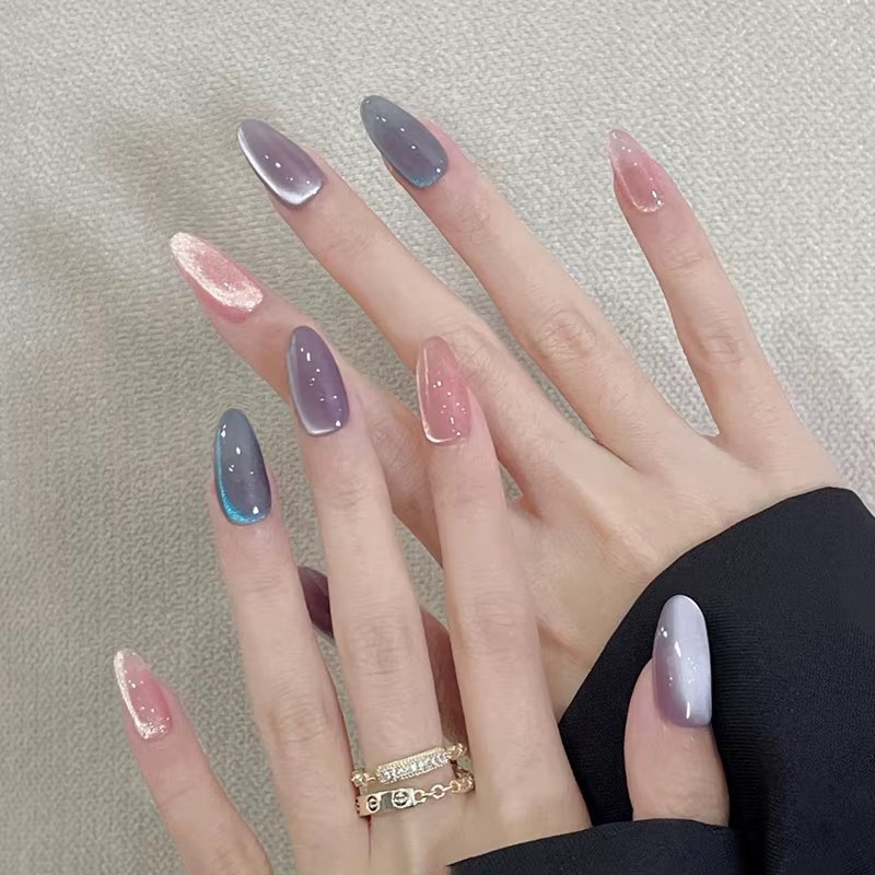 Faux ongles en forme d'amande à paillettes simples, avec colle, Design d'ongles ballerine, doux et f