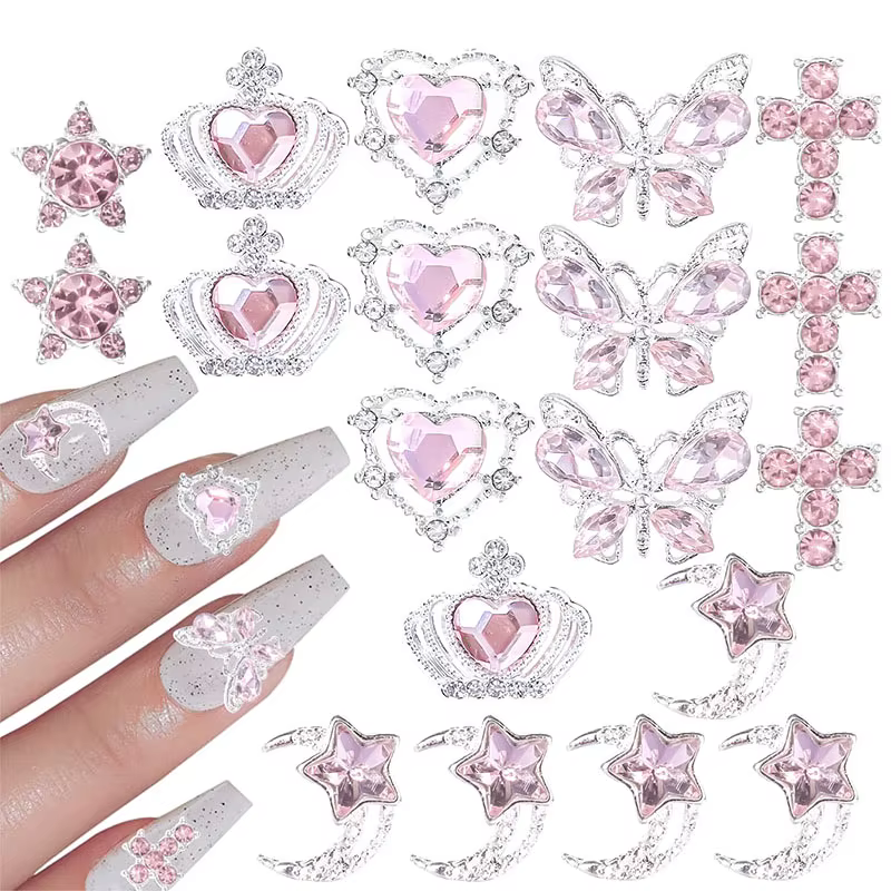 30 Breloques Roses pour Ongles en Alliage, Strass 3D Étoile Papillon Cœur Croix, Pierres Précieuses,