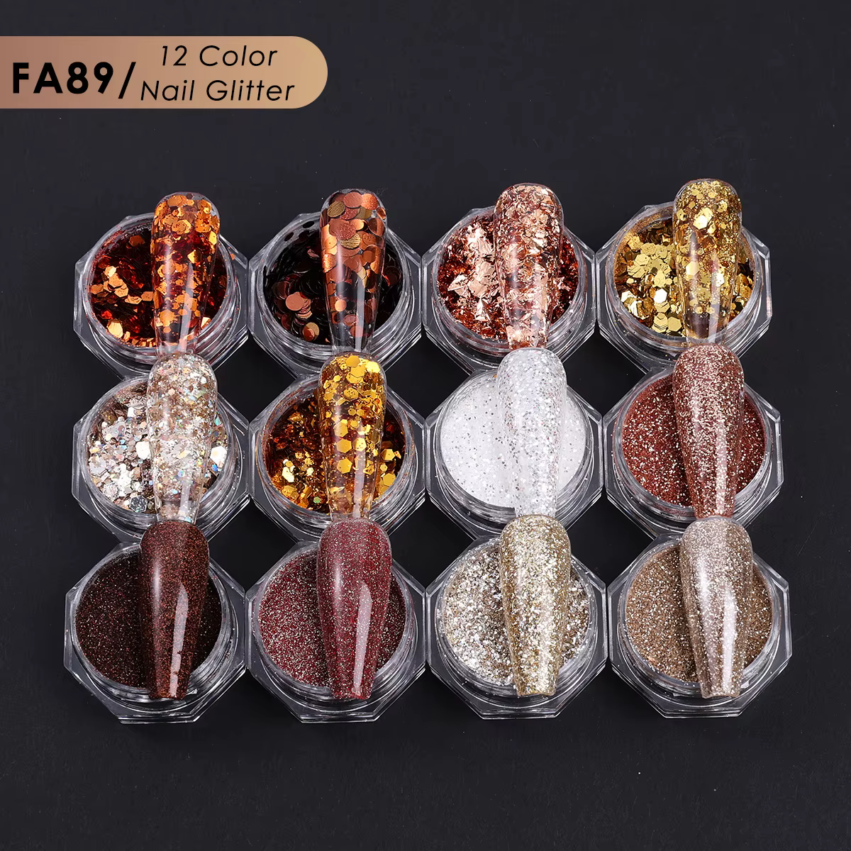 Magnifique ensemble de paillettes pour ongles marron, 12 pièces, mélange de pois, Paillettes hexagon