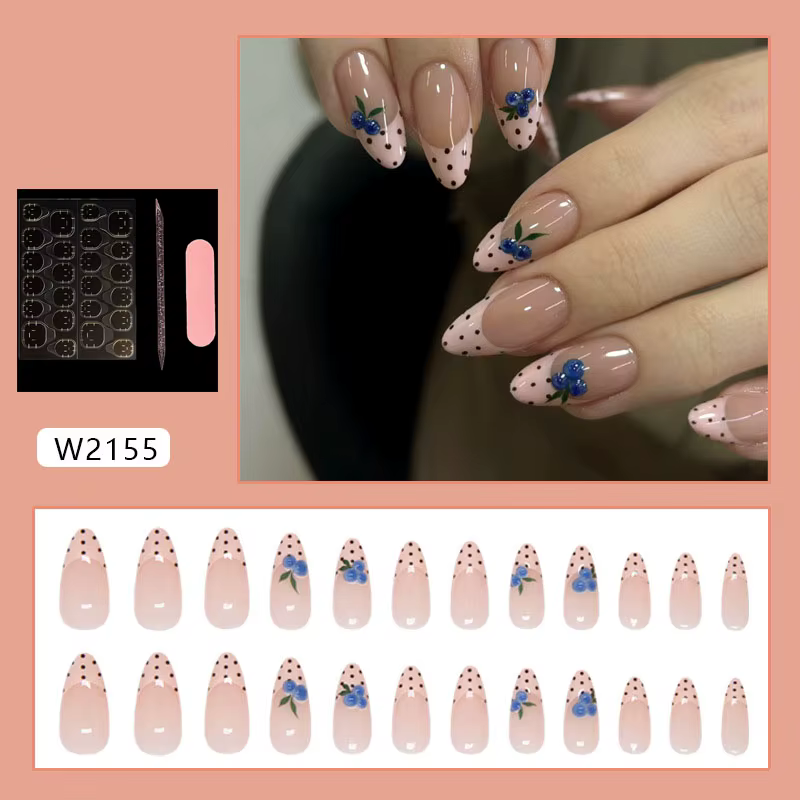 Faux ongles à presser en amande, nude à pois, style French, avec décor 3D Myrtille, amovibles, pour