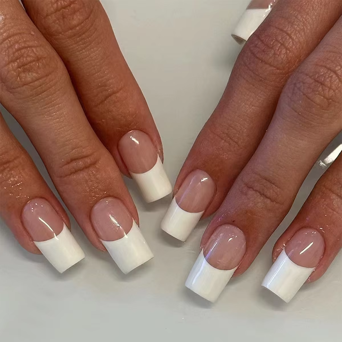 Faux ongles français simples, blanc, cercueil moyen, couleur chair, à pression, Style Ins, détachabl
