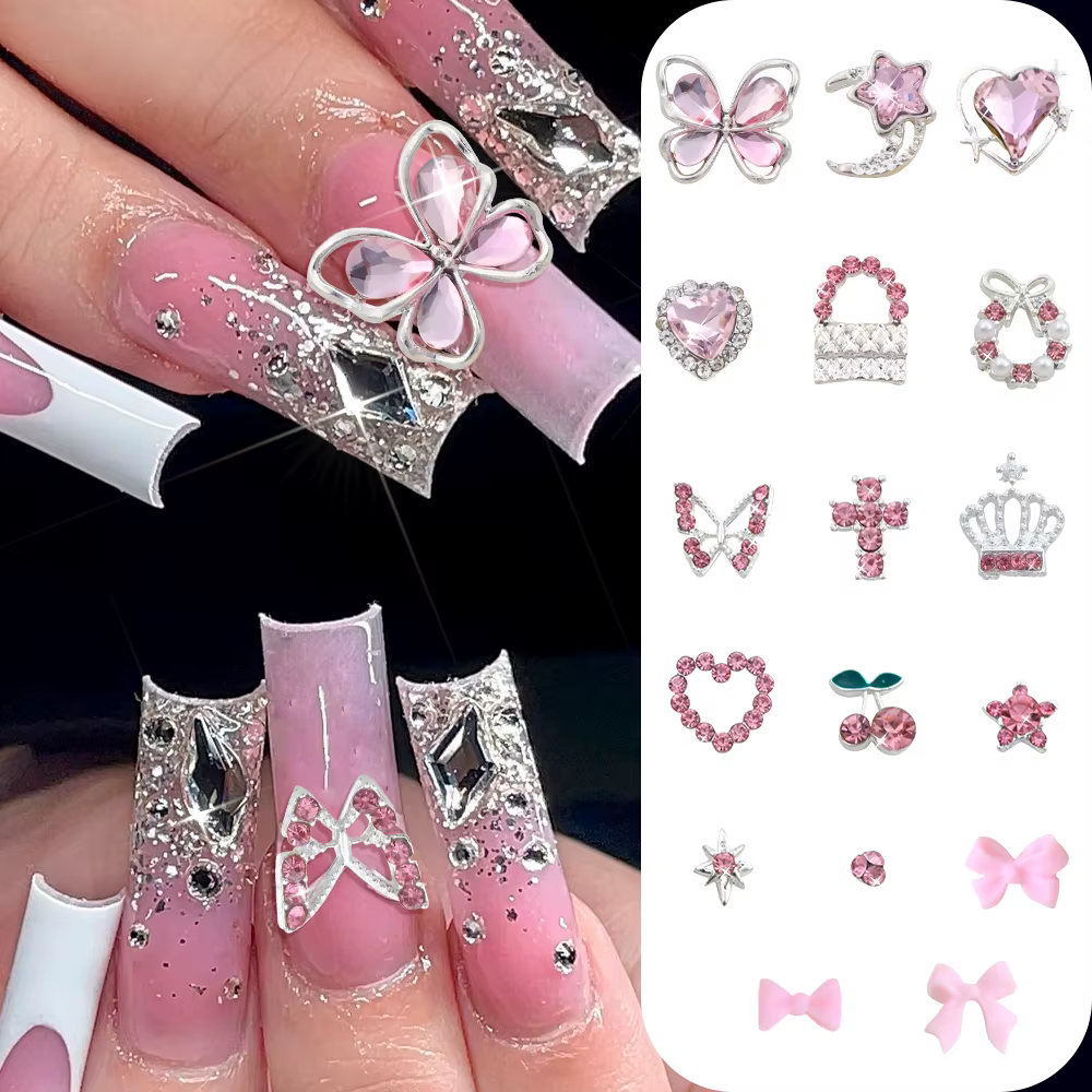 50/58 pièces mixte luxe rose cristal papillon/arc Y2k ongles breloques 3D métal argent alliage Nail