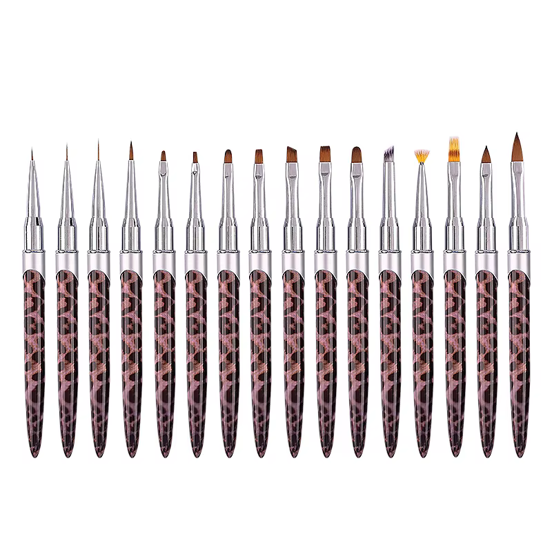 Lot de 16 pinceaux à ongles imprimé léopard, poils doux avec capuchons, pour gel UV, liner, dégradé,