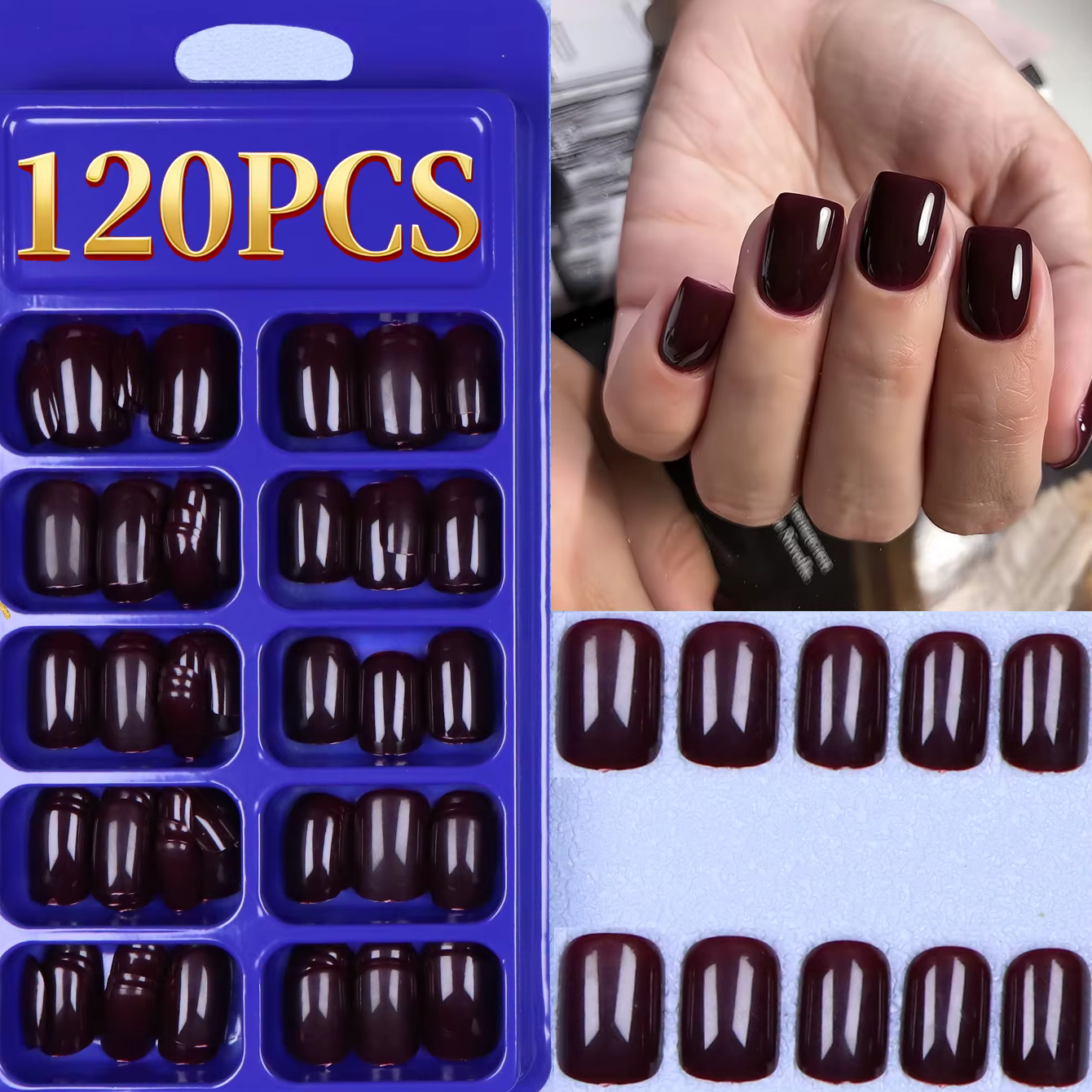 Faux ongles français carrés mi-longs, 120 pièces, Design de couleur unie, réutilisables, en acryliqu