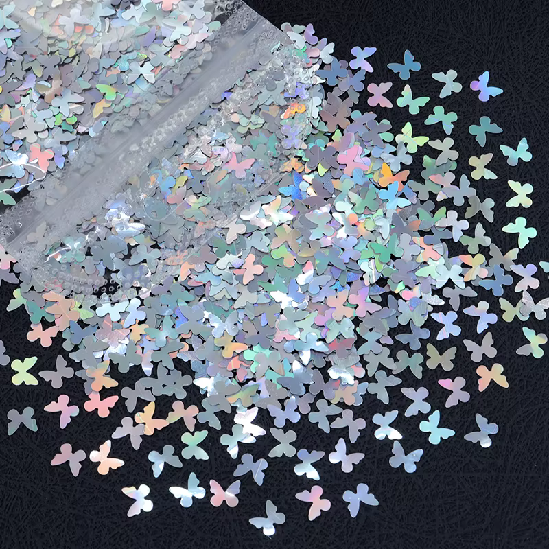 Paillettes holographiques Laser argentées pour Nail Art, flocons papillon amour coeur lettre paillet