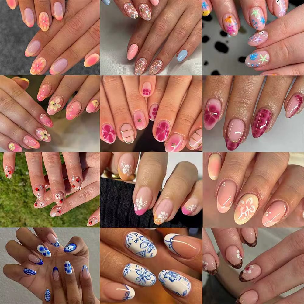 Ongles à fleurs 288 pièces (12 mélangés) ongles à fleurs d'hibiscus ovales courtes ongles d'abeille 