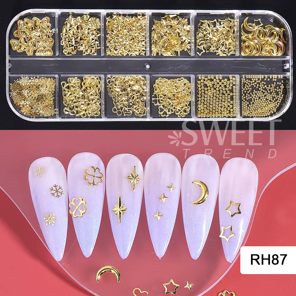 Kit d'arc/étoile/boule en acier/coeur d'amour, 1 boîte, ruban mixte doré, breloques pour Nail Art, a