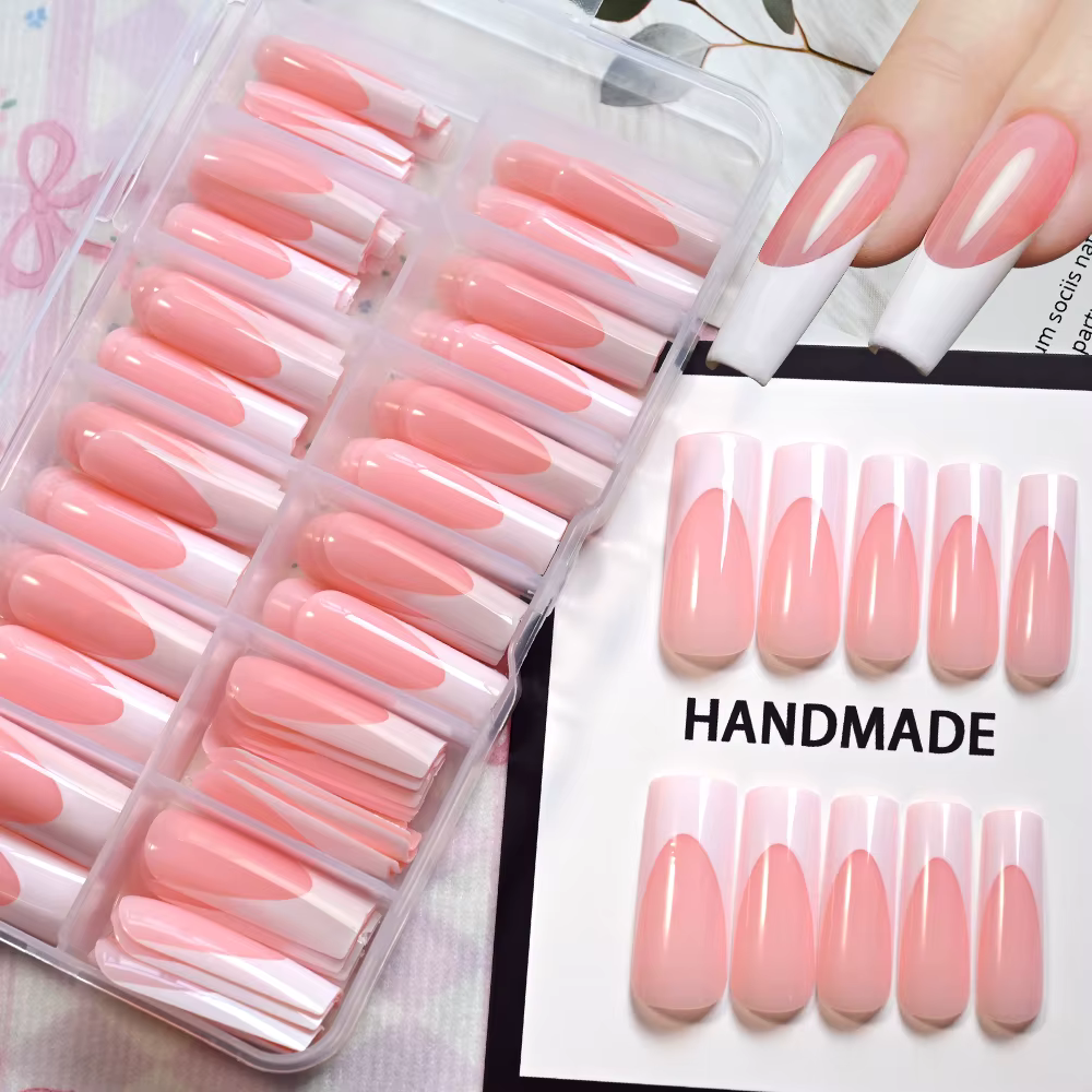 120 pièces brillant rose français presse sur ongles 12 tailles longs carrés faux ongles blanc bord c
