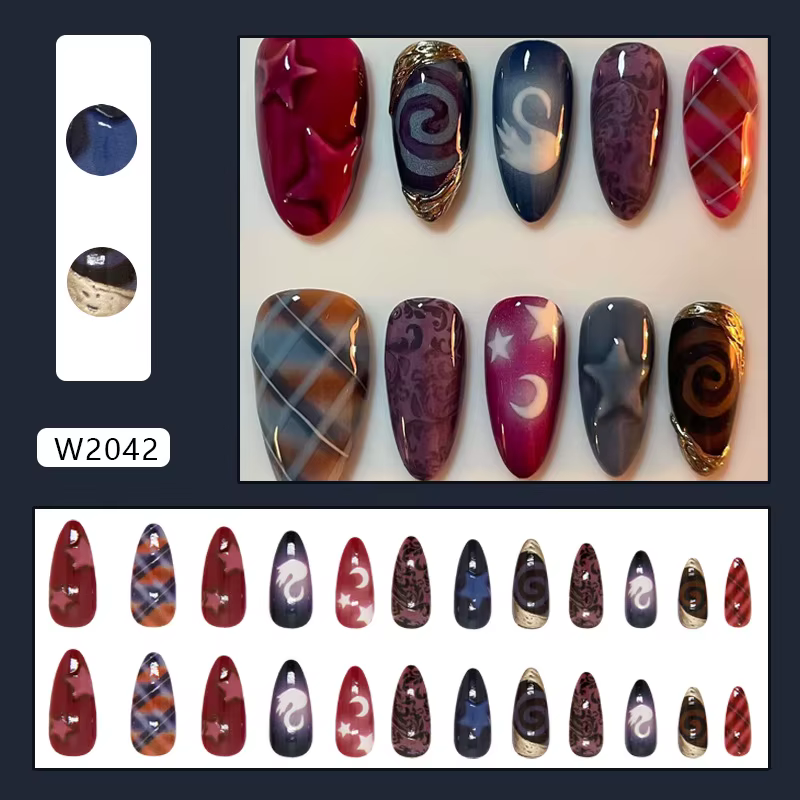 Faux ongles en forme d'amande Y2k, 24 pièces, Style lune, étoile, motif de cygne, doux et frais, cou