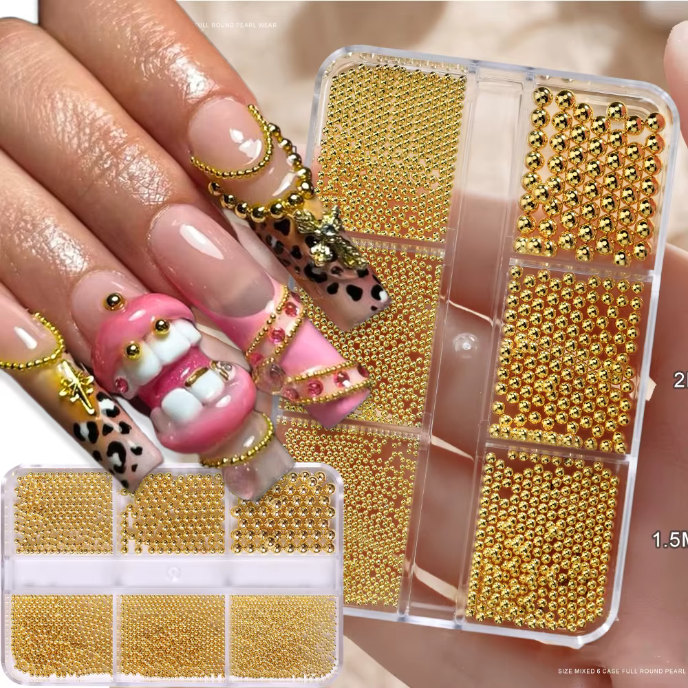 6 grilles 6 tailles de perles métalliques dorées, breloques pour Nail Art, perles de Caviar 3D pour