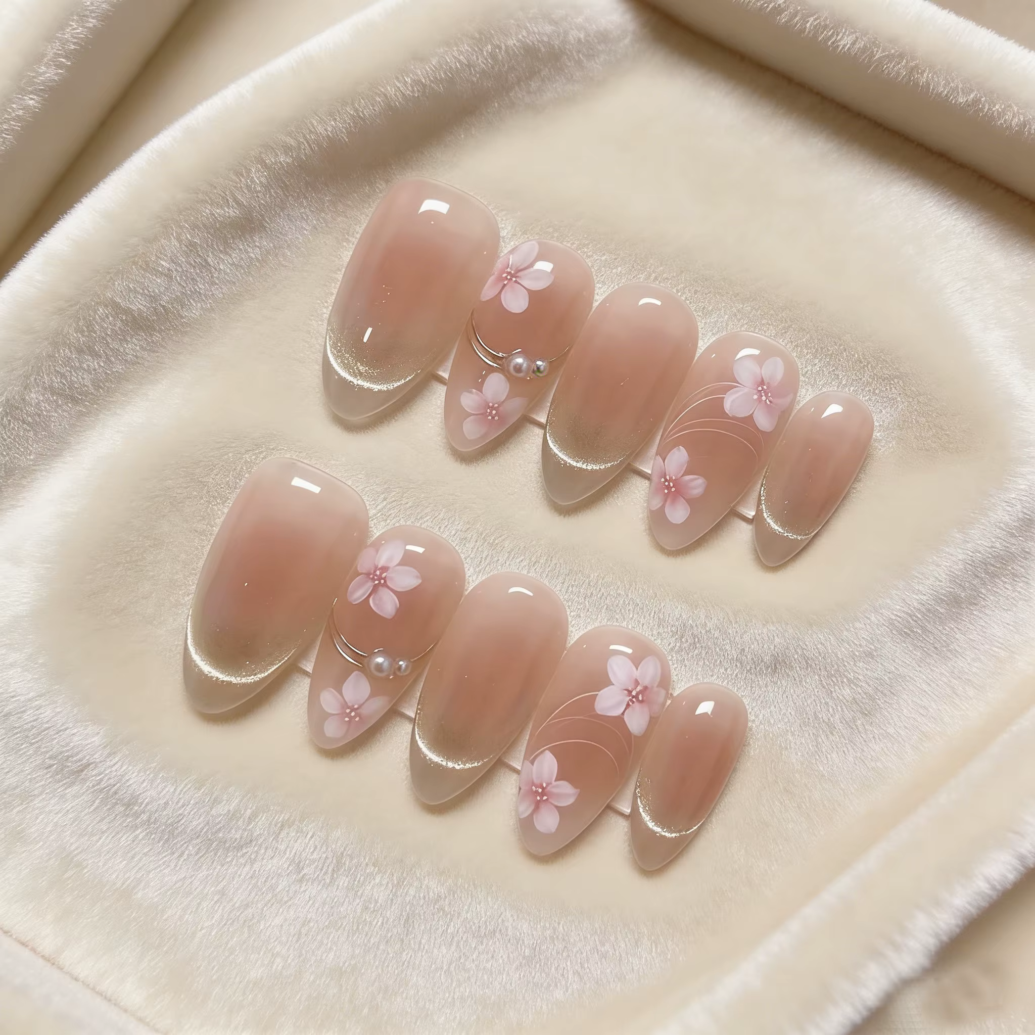 10 faux ongles Sakura faits à la main, effet œil de chat français, motif floral, à presser, forme ov