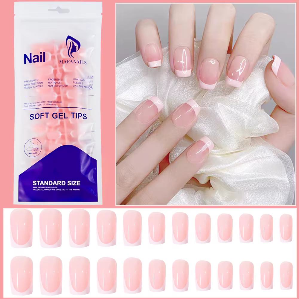 120 pièces = 24*5 français court carré cercueil faux ongles blanc rose Simple portable faux ongles b
