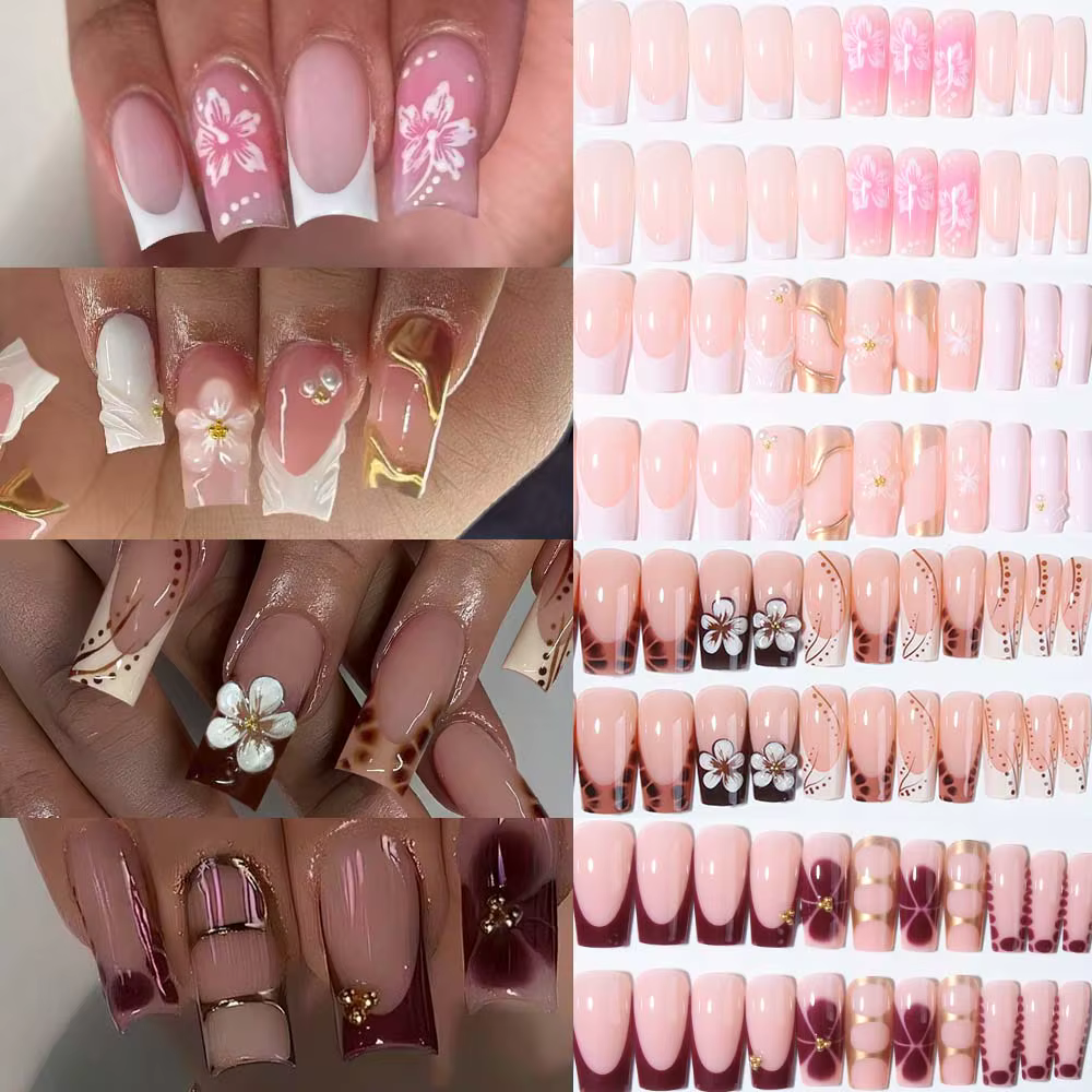 96 pièces (4 mélangées) Gelnail tridimensionnel 3D fait des ongles de fleurs avec fausse perle décor