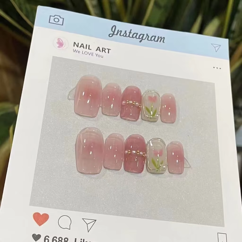 Printemps Fille Blush Manucure Perle Tulipe Carré Faux Ongles Rose Doux Fait À La Main Nail Art Patc