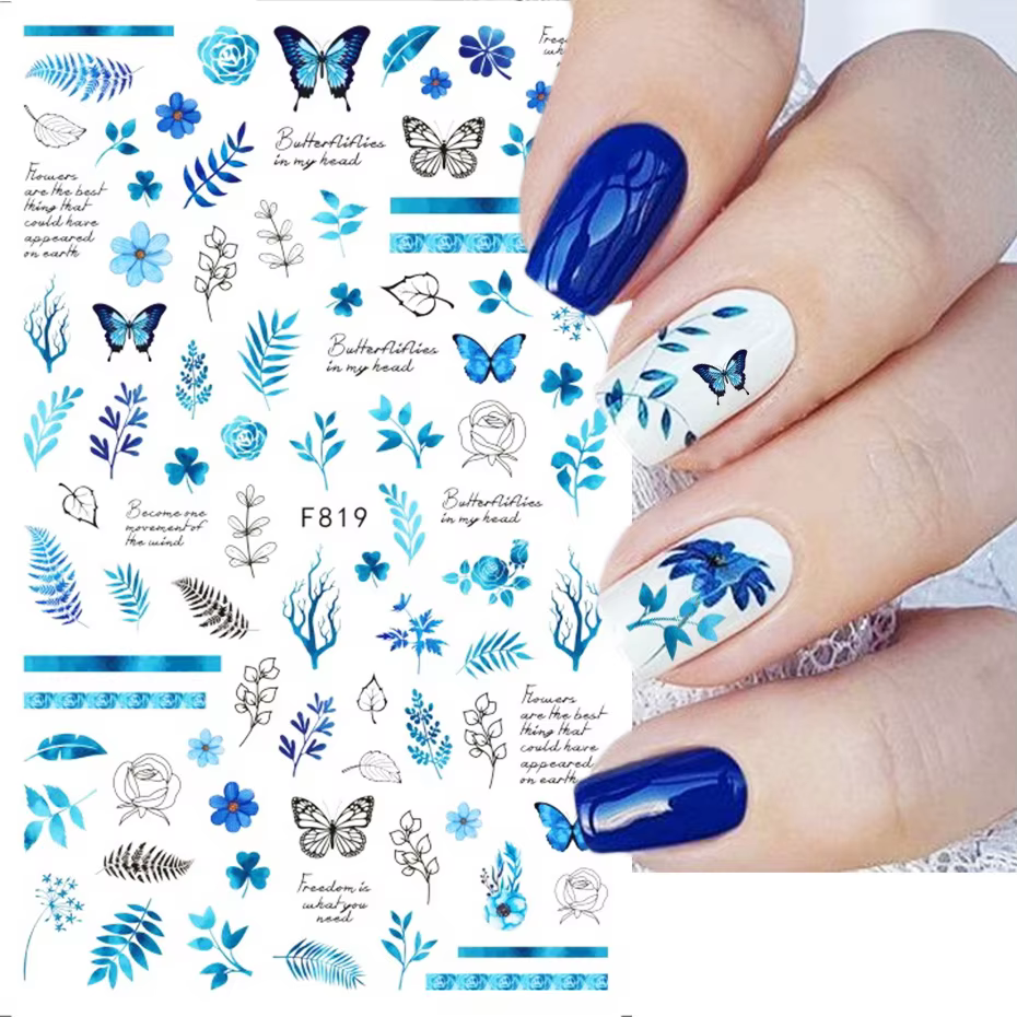 Autocollants 3D pour ongles, motifs paysages bleus, fleurs, oiseaux, papillons, pour l'automne et l'