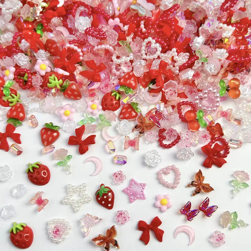 Breloques pour ongles, mélange aléatoire de fleurs de fraises, résine douce, lune à dos plat, access