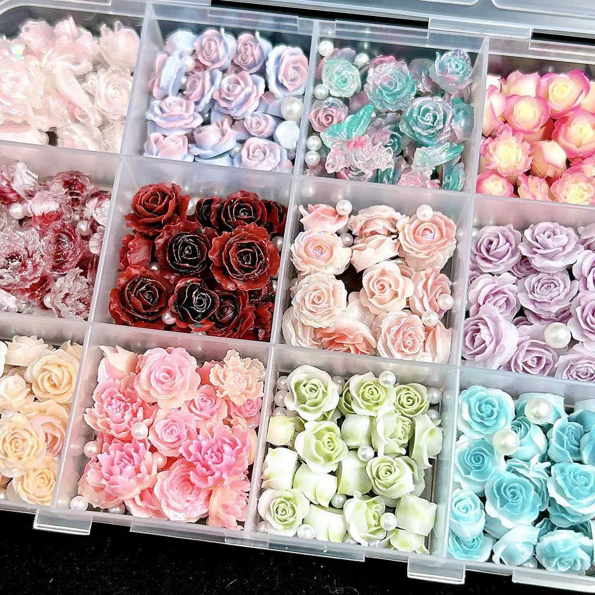 Breloques pour ongles en résine mixte 3D, 12 grilles, fleur de Rose, strass à dos plat, bricolage, d