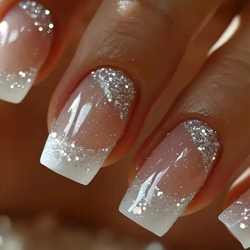 Faux ongles courts, moyens et longs, brun doré, argenté, paillettes scintillantes, forme carrée, ama