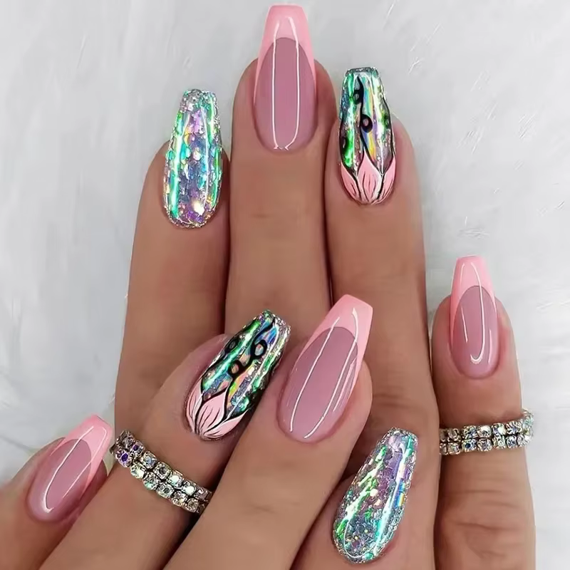24 pièces/ensemble Faux ongles en acrylique longs forme ballerine à presser, réutilisables, colorés