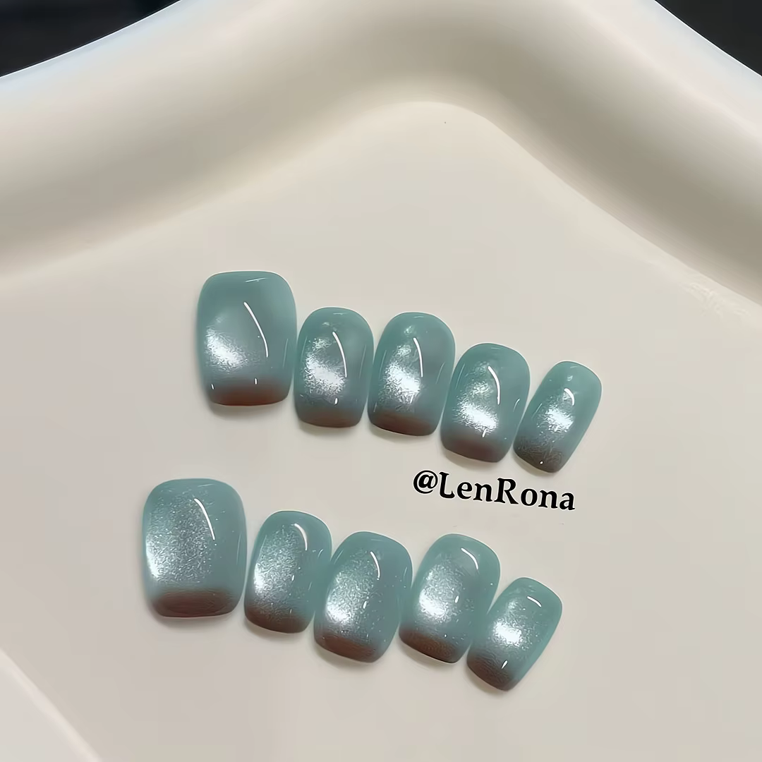 10 pièces ongles faits à la main marron-bleu Ombre oeil de chat presse sur ongles courts carrés faux