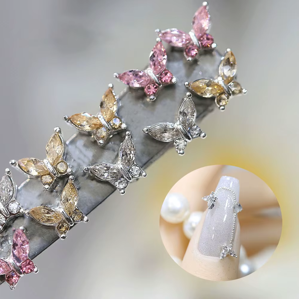 Mini breloques papillon en cristal pour Nail Art, diamant 3D, pièces de bijoux, rose, métal clair, m