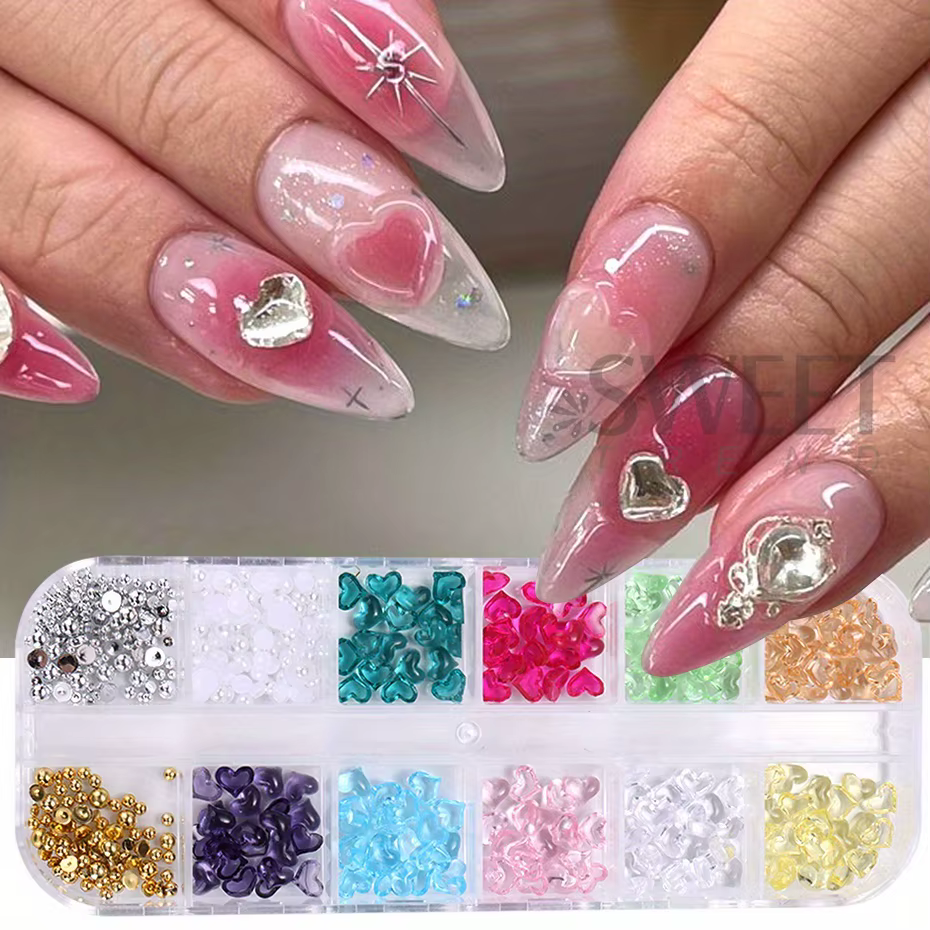 12 grilles en forme de cœur pour Nail Art, breloques transparentes en forme de cœur d'amour, bijoux