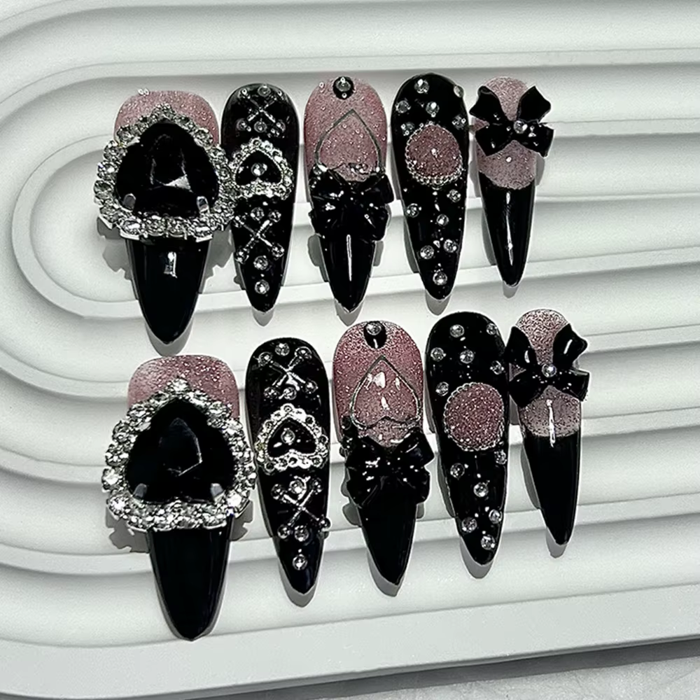 10 pièces Y2K Gyaru Kei noir rose longue pointe à la main presse sur les ongles Jirai arc amour diam