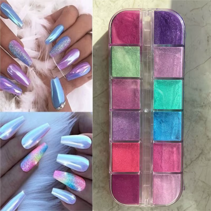 Poudre à ongles sirène effet miroir, 12 grilles, perle holographique, Pigment chromé, paillettes fin
