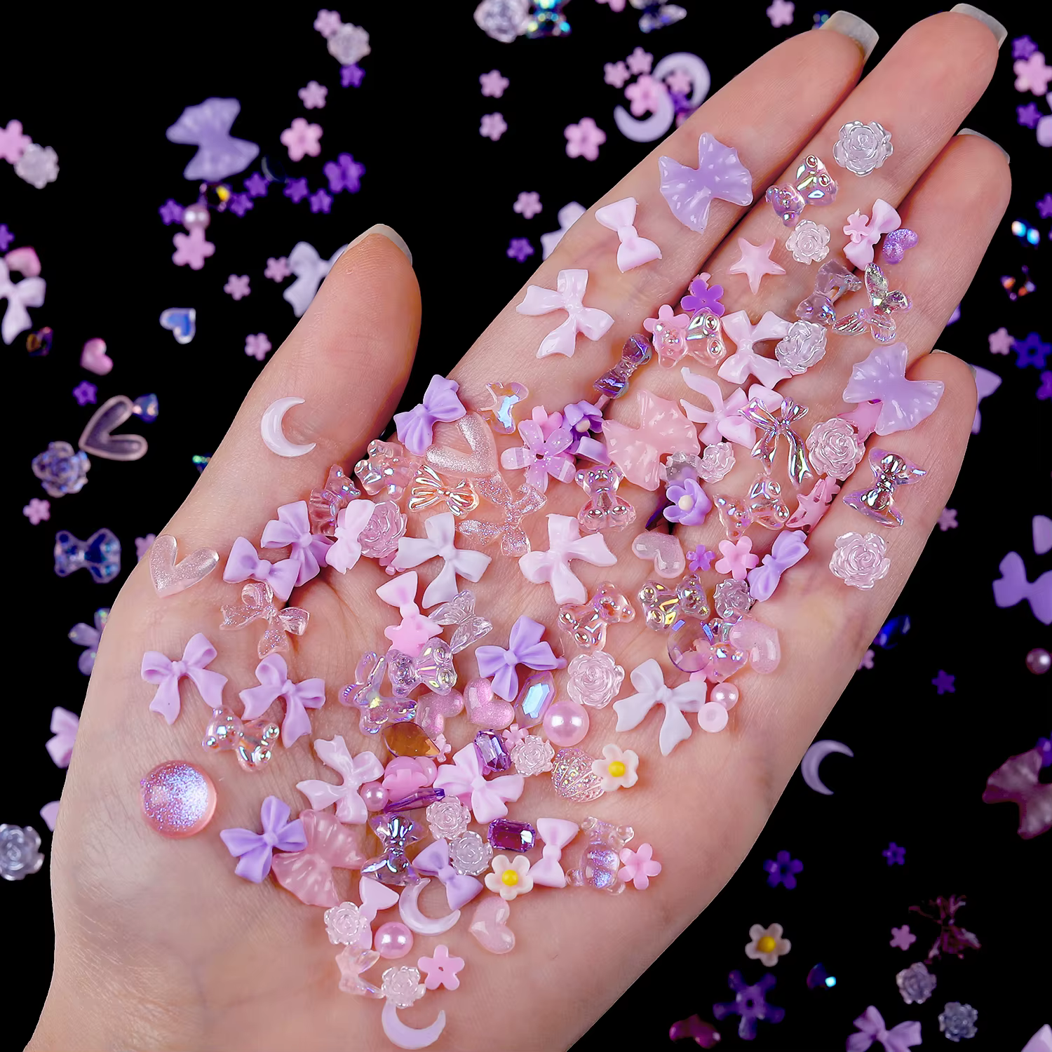 Mélange de ruban transparent en gelée colorée, 1 sac, breloques pour ongles, cœur, perles, fleur, pi